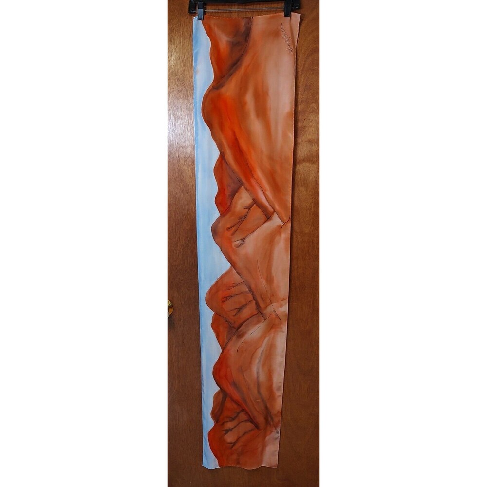 Linda Boccia signed art scarf. Southwest mountain scape with brown & blue tones.